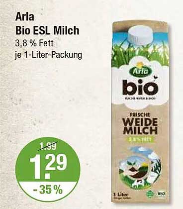 Arla Bio ESL Milch 3,8 % Fett je 1-Liter-Packung