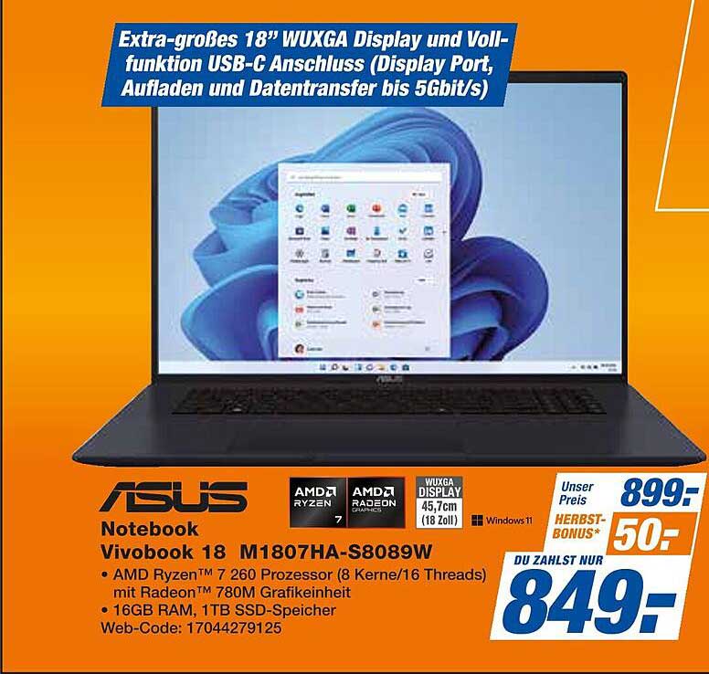 ASUS Vivobook 18 M1807HA-S8089W Notebook mit Ryzen™ 7 Prozessor