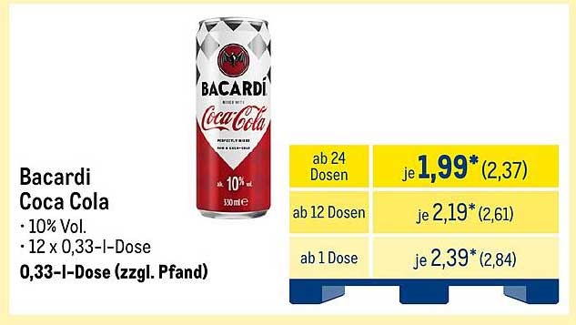 Bacardi Coca Cola - 0,33 l Dose, 12er Pack