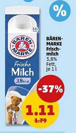 BÄREN-MARKE Frischmilch 3,8% Fett, je 1 l