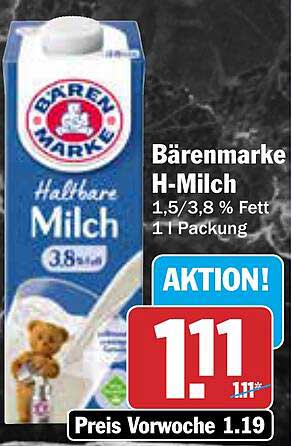 Bärenmarke H-Milch 1,5/3,8 % Fett 1 l Packung