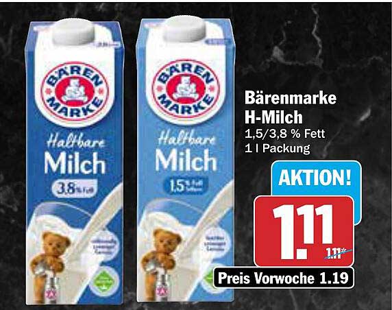 Bärenmarke H-Milch 1,5/3,8 % Fett 1 l Packung