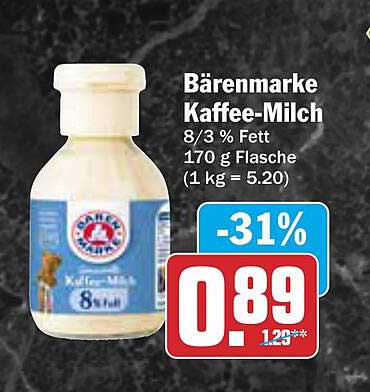 Bärenmarke Kaffee-Milch 8/3 % Fett 170 g Flasche