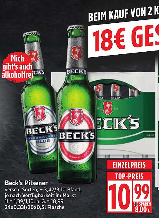 Beck's Pilsener 24er Pack für nur 18€ beim Kauf von 2 Kästen