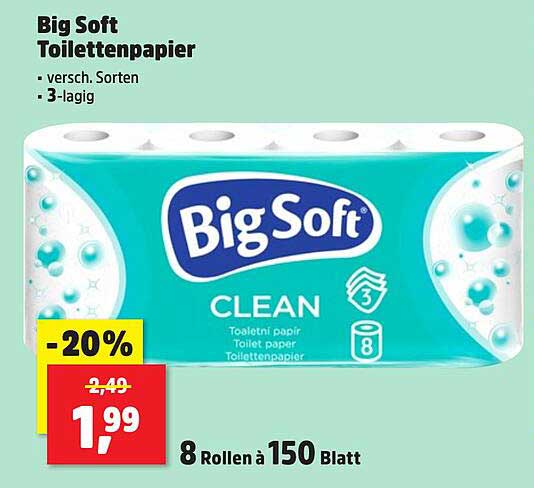 Big Soft Toilettenpapier 8 Rollen à 150 Blatt - jetzt nur 1,99 €!