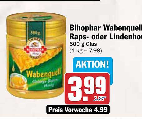 Bihophar Wabenquell Raps- oder Lindenhonig 500 g Glas