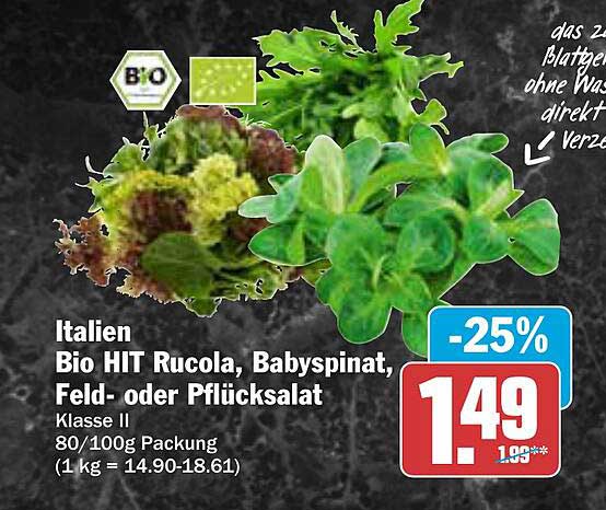 Bio HIT Rucola, Babyspinat, Feld- oder Pflücksalat 80/100g Packung