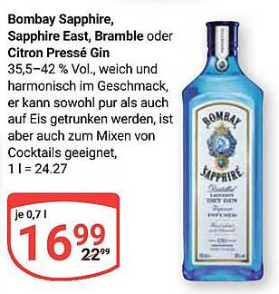 Bombay Sapphire, Sapphire East, Bramble oder Citron Pressé Gin 0,7 l