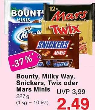 Bounty, Milky Way, Snickers, Twix oder Mars Minis - 37% Rabatt!
