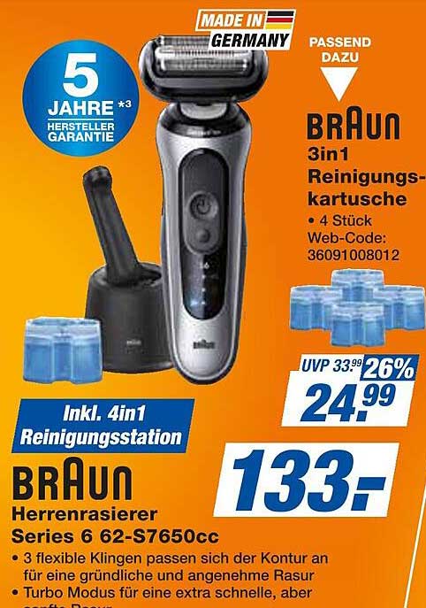BRAUN Herrenrasierer Series 6 62-S7650cc inkl. 4in1 Reinigungsstation und 3in1 Reinigungskartusche