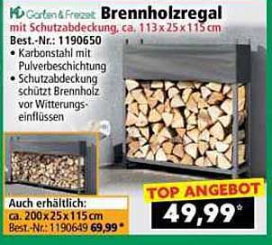 Brennholzregal mit Schutzabdeckung, ca. 113x25x115 cm