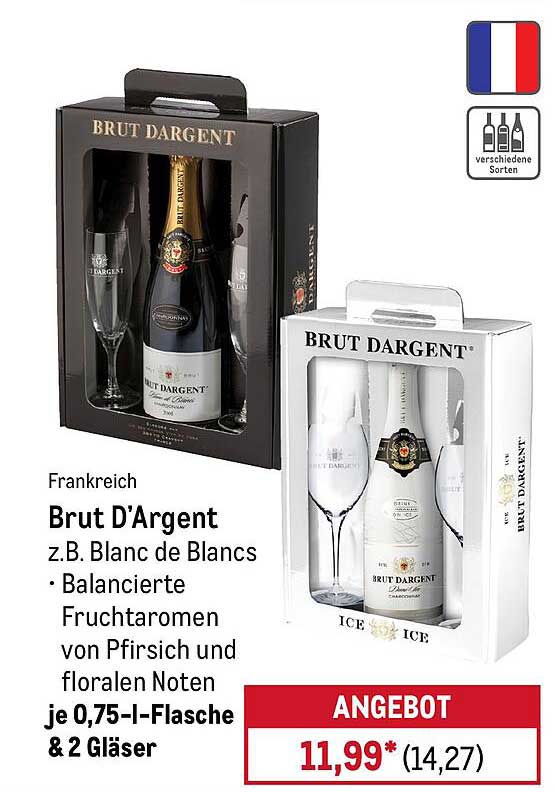 Brut D'Argent z.B. Blanc de Blancs - 0,75 l-Flasche & 2 Gläser