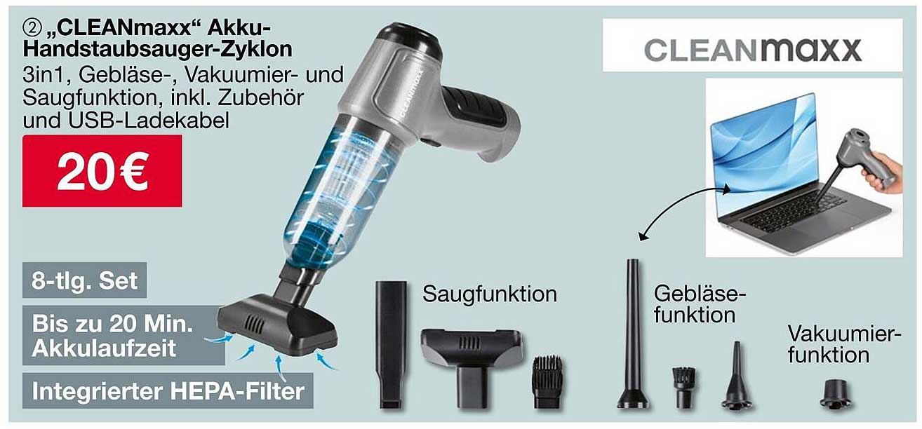 „CLEANmaxx“ Akku-Handstaubsauger-Zyklon 3in1