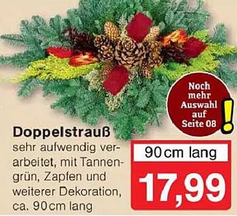 Doppelstrauß - sehr aufwendig verarbeitet, mit Tannengrün, Zapfen und weiterer Dekoration, ca. 90 cm lang