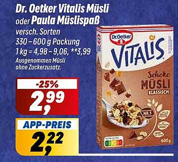 Dr. Oetker Vitalis Müsli oder Paula Müslispass, 600 g