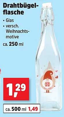 Drahtbügel-flasche Glas mit verschiedenen Weihnachtsmotiven ca. 500 ml