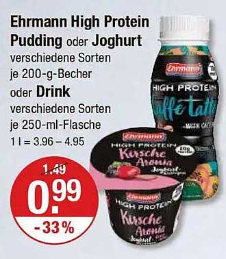 Ehrmann High Protein Pudding oder Joghurt 200-g-Becher oder Drink 250-ml-Flasche