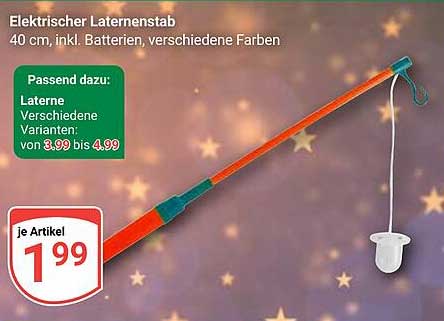 Elektrischer Laternenstab 40 cm, inkl. Batterien, verschiedene Farben