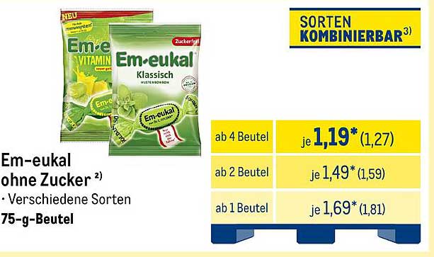 Em-eukal ohne Zucker - verschiedene Sorten im 75-g-Beutel
