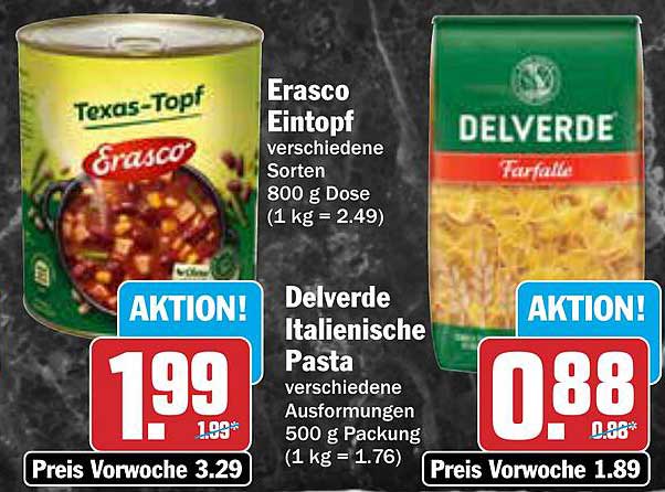 Erasco Eintopf und Delverde Italienische Pasta im Angebot