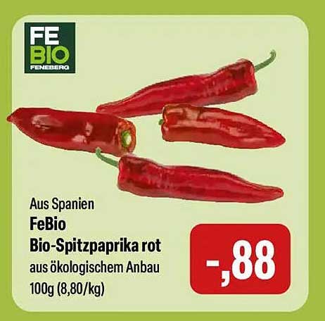 FeBio Bio-Spitzpaprika rot aus ökologischem Anbau 100g (8,80/kg)