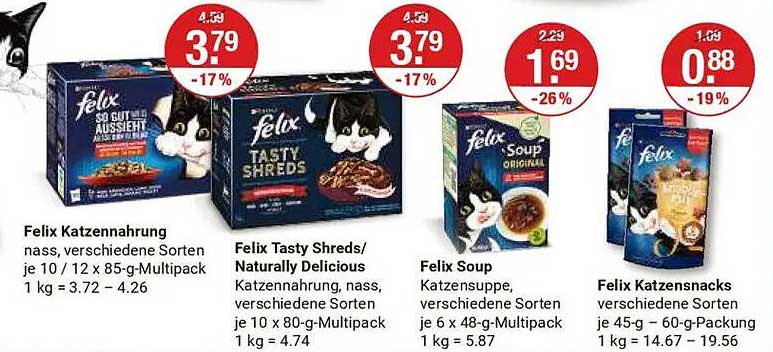 Felix Katzennahrung, Felix Tasty Shreds, Felix Soup und Felix Katzensnacks