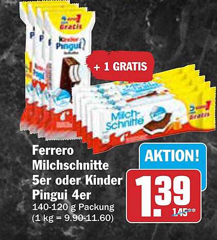 Ferrero Milchschitte 5er oder Kinder Pingui 4er