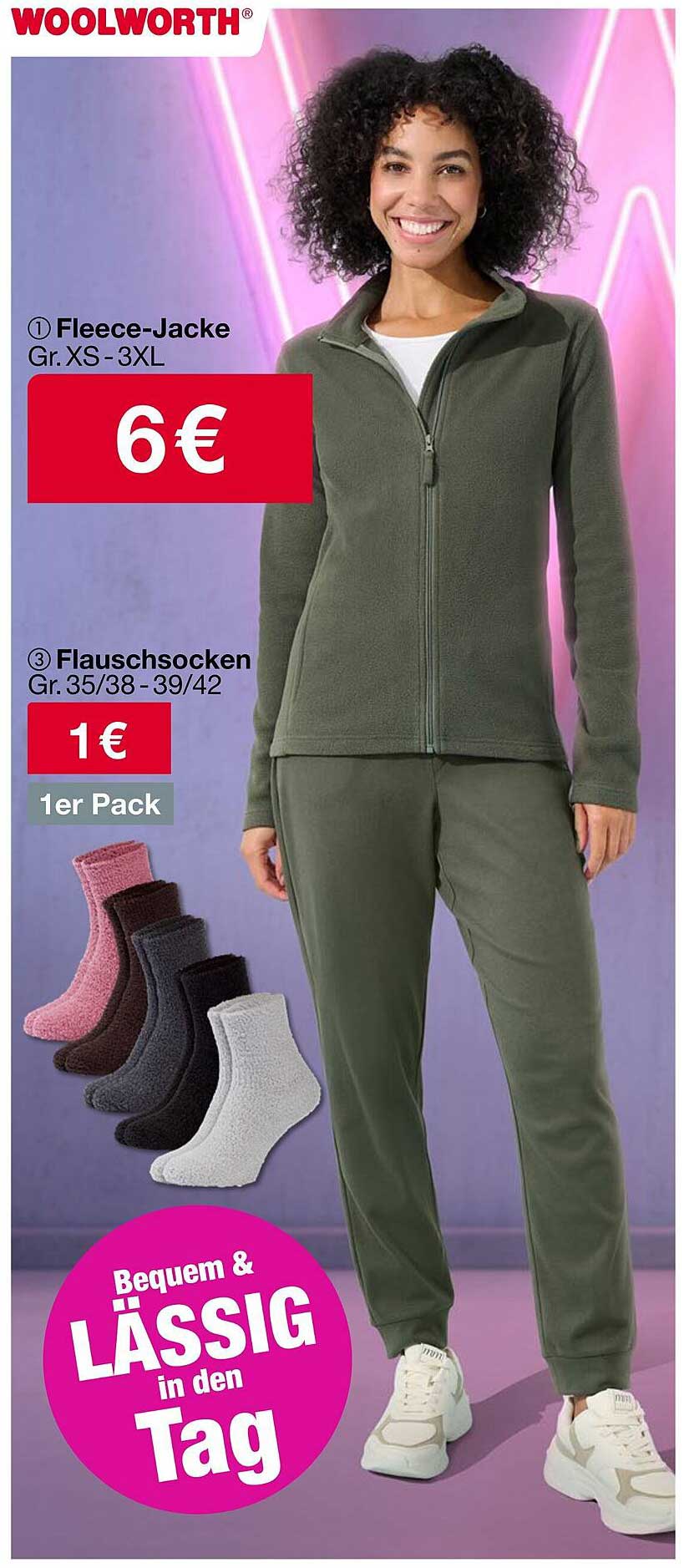 Fleece-Jacke Gr. XS-3XL für 6 € und Flauschsocken Gr. 35/38 - 39/42 für 1 €