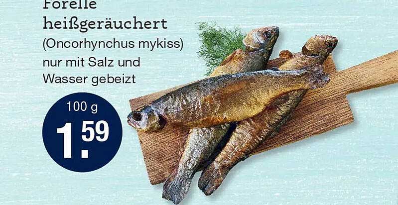 Forelle heißgeräuchert (Oncorhynchus mykiss) nur mit Salz und Wasser gebeizt