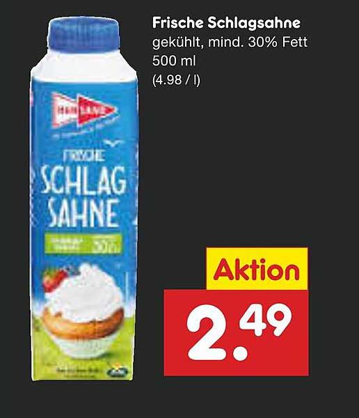 Frische Schlagsahne 500 ml, gekühlt, mind. 30% Fett
