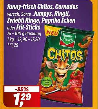 funny-frisch Chitos, Cornados verschieden. Sorte, Jumpys, Ringli, Zwiebel Ringe, Paprika Ecken oder Frit-Sticks