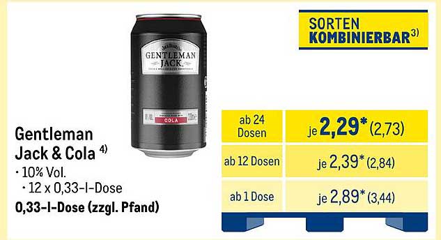 Gentleman Jack & Cola 0,33-I-Dose - 12er Pack