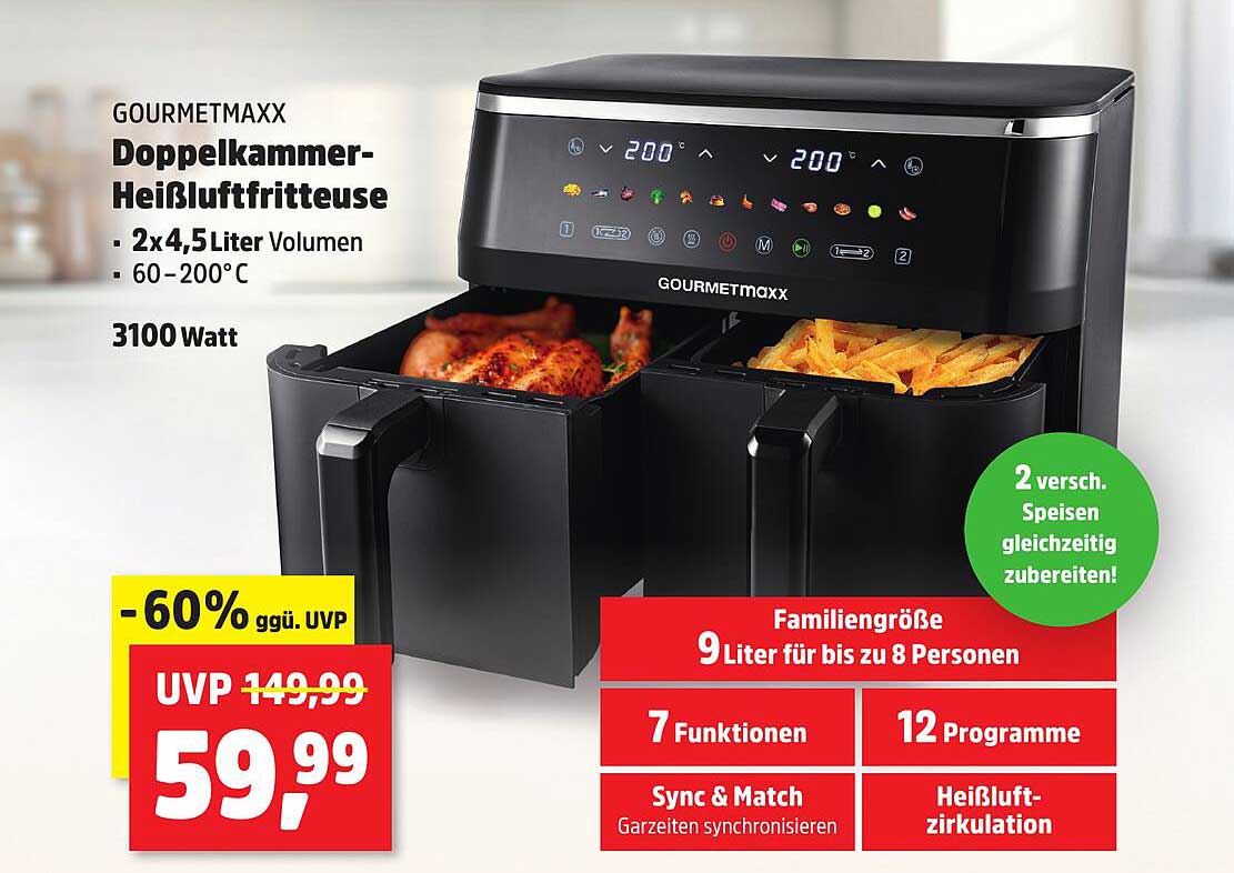 GOURMETmaxx Doppelkammer-Heißluftfritteuse 2x4,5 Liter