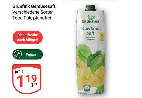 Grünfink Gemüse- und Sauerkrautsaft, Tetra Pak, pfandfrei