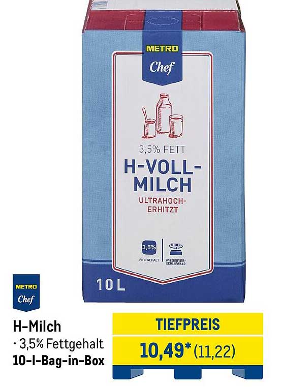 H-Milch 3,5% Fett, 10 l Bag-in-Box