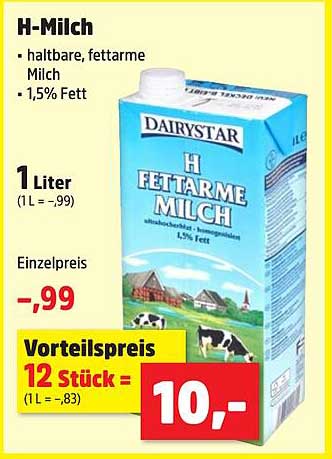 H-Milch - haltbare, fettarme Milch (1,5% Fett)