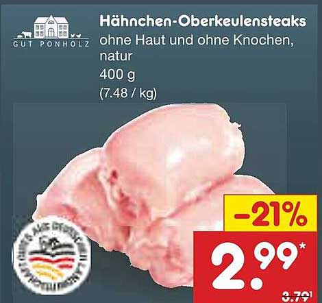 Hähnchen-Oberkeulensteaks ohne Haut und ohne Knochen, natur 400 g