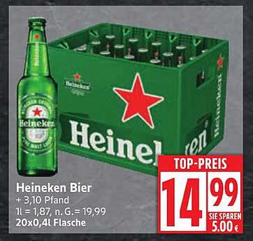 Heineken Bier 20x0,4L für nur 14,99 €