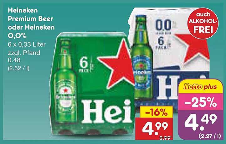 Heineken Premium Beer oder Heineken 0,0% 6er Pack