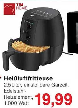 Heißluftfritteuse 2,5 Liter, einstellbare Garzeit, Edelstahl-Heizelement, 1.000 Watt