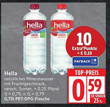 Hella natürliches Mineralwasser mit Fruchtgeschmack, 0,75L PET-DPG-Flasche