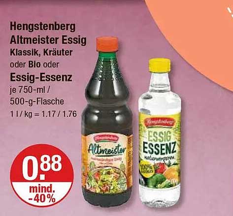 Hengstenberg Altmeister Essig Klassik, Kräuter oder Bio - 750 ml / Essig-Essenz - 500 g