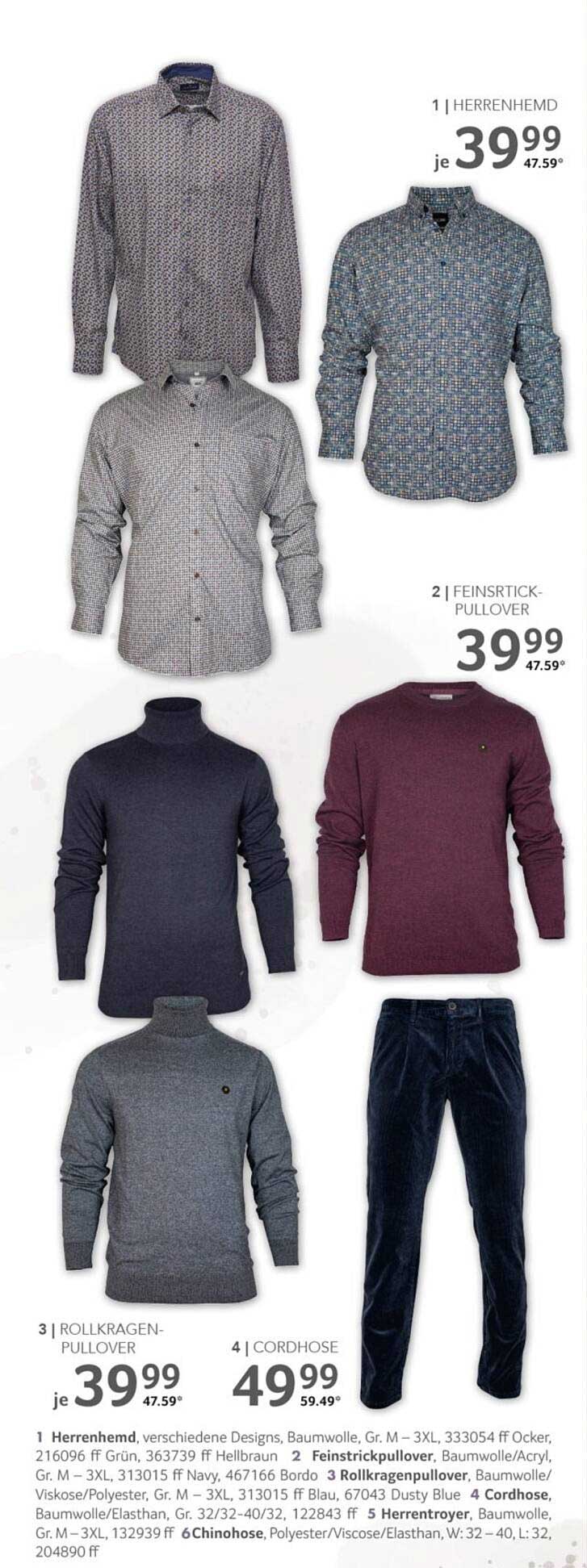 Herrenhemden, Feinstrick-Pullover, Rollkragen-Pullover und Cordhose