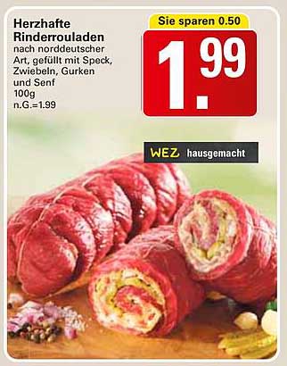 Herzhafte Rinderrouladen nach norddeutscher Art, gefüllt mit Speck, Zwiebeln, Gurken und Senf