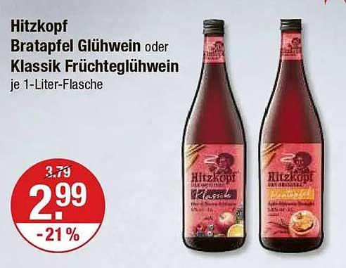 Hitzkopf Bratapfel Glühwein oder Klassik Fruchtglühwein je 1-Liter-Flasche