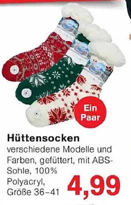 Hüttensocken - verschiedene Modelle und Farben, gefüttert, mit ABS-Sohle, 100% Polyacryl, Größe 36-41