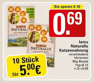 Iams Naturally Katzennahrung 10 Stück für 5,00 €