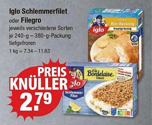 Iglo Schlemmerfilet oder Filegro, jeweils verschiedene Sorten in 240-g- und 380-g-Packungen, tiefgefroren