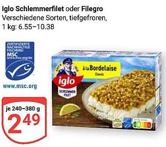 Iglo Schlemmerfilet oder Filegro - Tiefgefrorenes Fischgericht