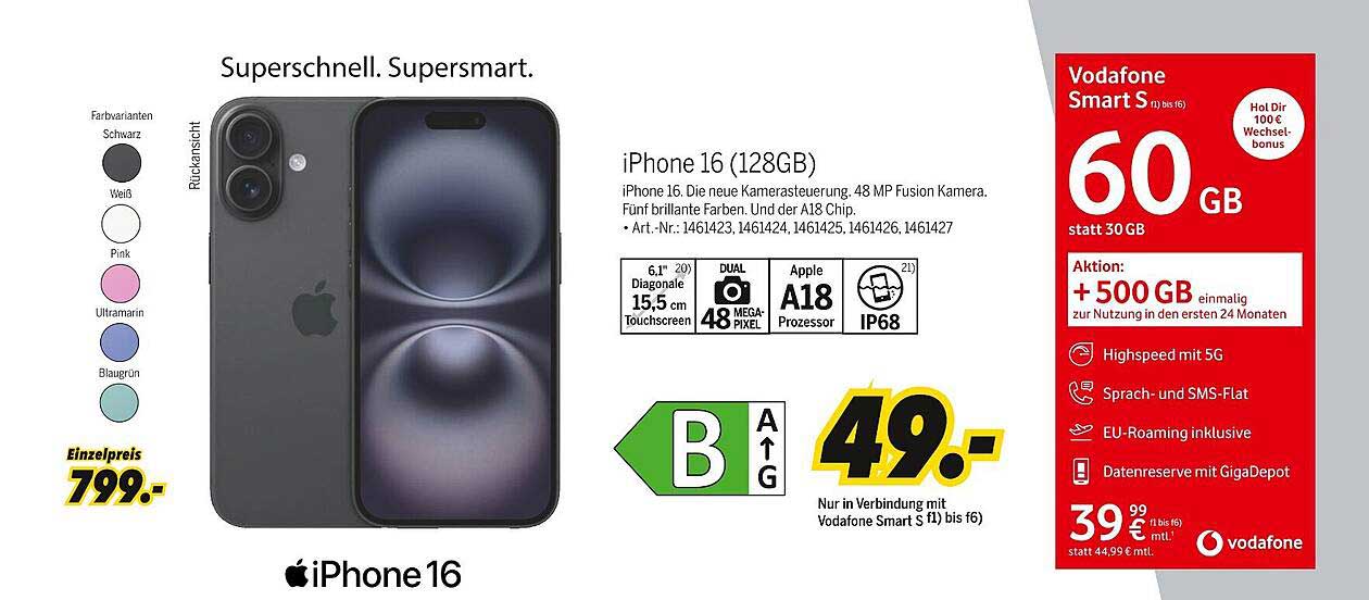 iPhone 16 (128GB) für nur 49,- € mit Vodafone Smart S